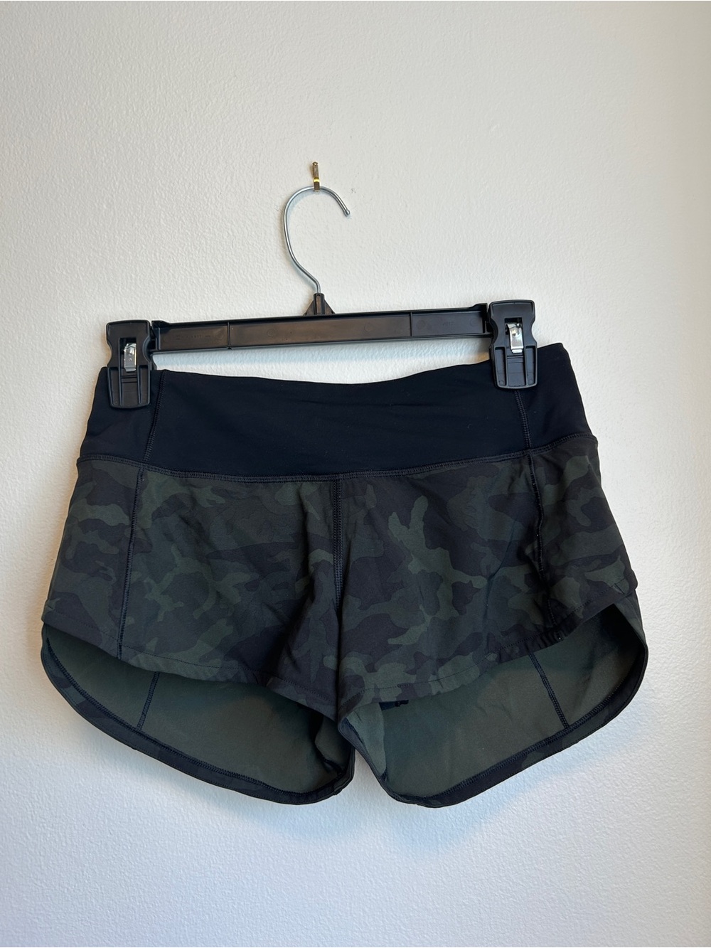 lululemon athletica Olive Green Camo Running Shorts with Black Waistband